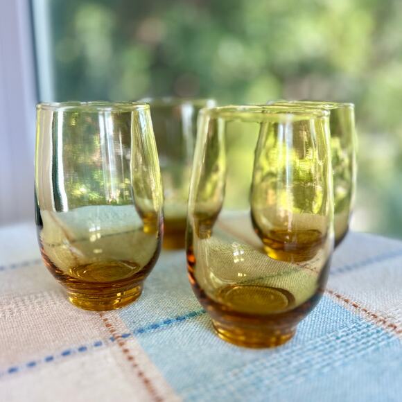 Vintage Mid-Century Amber Glass Tumblers – Set of 4 Lowball Style Glasses - Picture 1 of 10